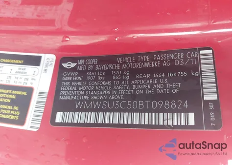 2011 Mini Cooper z USA, uszkodzony, nr VIN WMWSU3C50BT098824